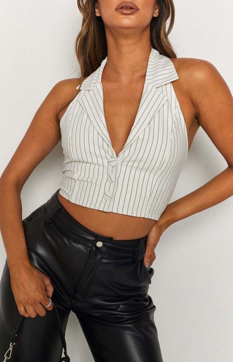 Halter Neck Shirt Collar, Collared Halter Top Outfit, Halter Top With Collar, Halter Neck Top Outfit, Halter Neck Top Pattern, Collared Halter Top, Halter Neck Shirt, Crop Top Ideas, Halter Tops Outfit