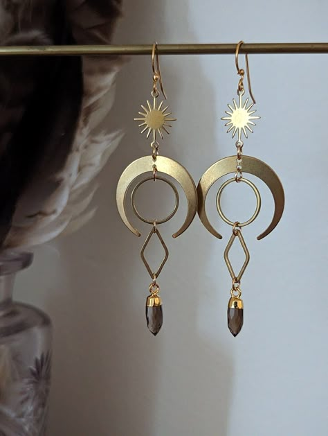 "Crescent moon and sunburst earrings with smoky quartz points. 3.5\" long including the gold-filled ear wires." Sunburst Earrings, Portland Me, Diy Earring, Crescent Moon Earrings, Earrings Inspiration, Funky Jewelry, Beads And Wire, Brass Jewelry, Quartz Points