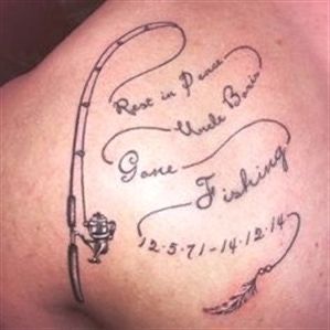 Fishing Memorial Tattoo, Grandad Tattoo, Fishing Pole Tattoo, Fishing Memorial, Tattoo Fishing, Rip Tattoos For Dad, Grandfather Tattoo, Fishing Tattoos, Fishing Hook Tattoo