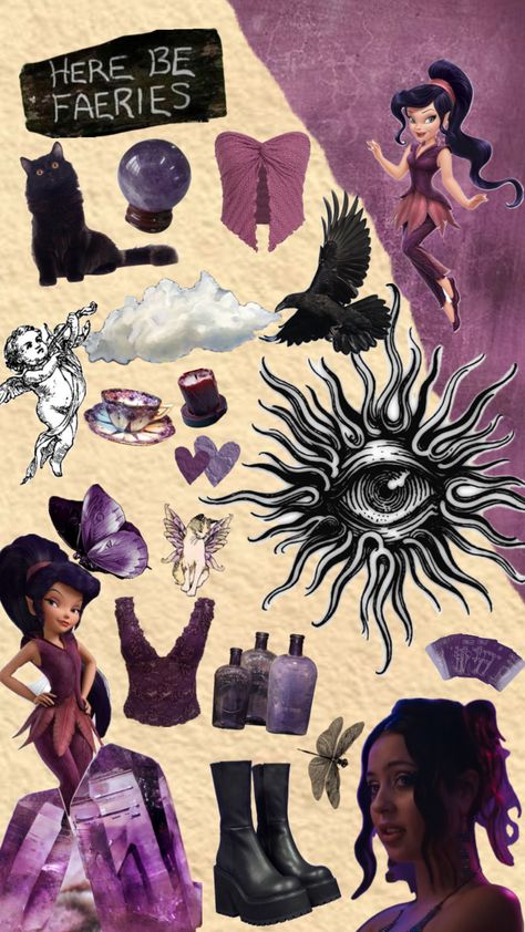 #vidia #pixiehollow #character #characterboad #moodboard #charactermoodboard #tinkerbell #vidiatinkerbell #purple #whimisgoth Vidia Costume Aesthetic, Vidia Tinkerbell Halloween Costume, Purple Haired Halloween Costumes, Vidia Costume Fairy, Tinkerbell Vidia Costume, Tinker Bell And Vidia Costume, Vidia Halloween Costume, Tinkerbell And Vidia Costume, Vidia Tinkerbell Costume