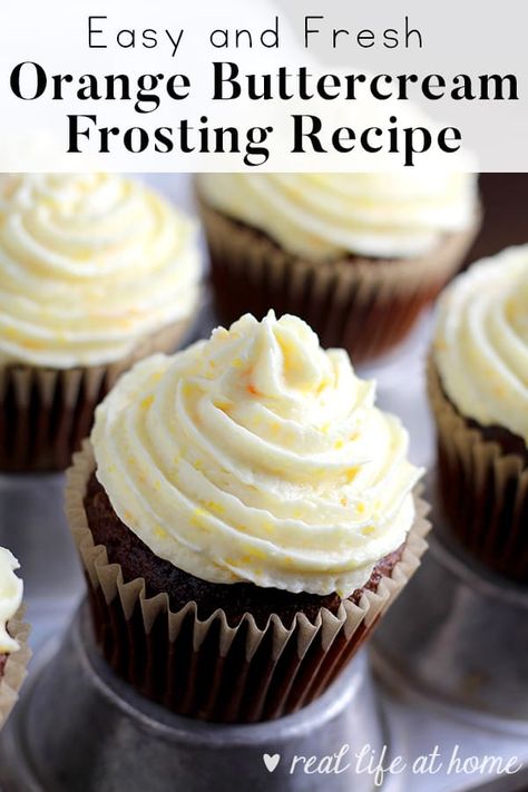 This light and fresh orange buttercream frosting recipe with orange zest added is sure to please a crowd. With my method for making the frosting airy and fluffy, this orange icing perfectly pairs with cakes and cupcakes and is easy to make! Orange Buttercream Frosting Recipe, Almond Buttercream Frosting Recipe, Orange Buttercream Frosting, Homemade Vanilla Frosting, Vanilla Frosting Recipes, Almond Buttercream, Cupcakes Homemade, Lemon Buttercream Frosting, Orange Icing