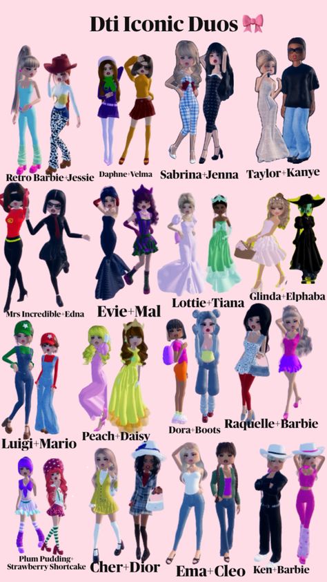 If you would like a tutorial on how to do any of these fits, just comment 🎀🎀 Jenna Taylor, Iconic Duos, Duo Dress, Mrs Incredible, Daphne And Velma, Aesthetic Roblox Royale High Outfits, Baddie Outfits Ideas, Black Jeans Outfit, Theme Dress