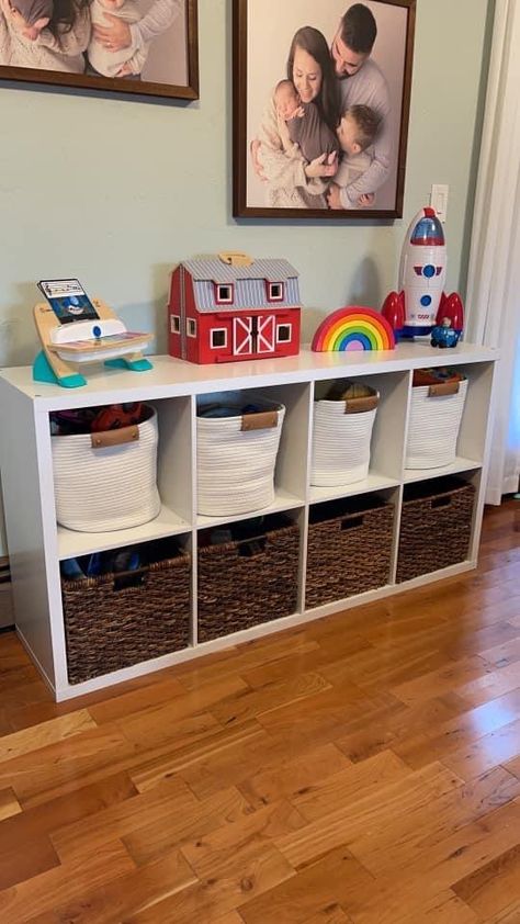 Playroom Organization Small Space, Storage For Small Living Room, Toddler Playroom Ideas Small Spaces, Toddler Room Storage, Storage Ideas Small Spaces, Family Daycare, Loft Playroom, Room Storage Ideas