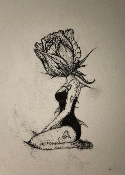 tattoo idea, fragile girl with thorns and a rose for her head Tears Watering Flowers Tattoo, Rose With Thorns Tattoo Design, Rose With Petals Falling Tattoo, Wilted Flowers Tattoo, Roses With Thorns Tattoo, Wilting Rose Tattoo, Dead Rose Drawing, Rose Head Tattoo, Thorn Rose Tattoo