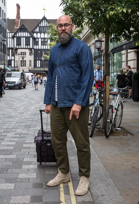 We snap David on the streets of London in July wearing a denim work jacket and desert boots. Desert Boot Outfit Men, Jeans And Desert Boots Men, Black Desert Boots Men Outfit, Desert Boots Men Outfit, Desert Boot Outfit, Rugged High-top Suede Desert Boots, London In July, Boots Men Outfit, Streets Of London