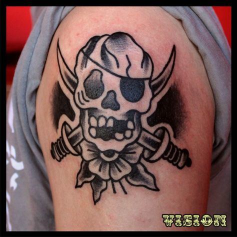 Skull pirate flower  tattoo oldschool traditional by: Vision Renato Pirate Tattoos Traditional, Skull Pirate Tattoo, Pirate Tattoo Traditional, Traditional Pirate Tattoo, Pirate Skull Tattoos, Rad Tattoos, Pirate Face, Traditional Ideas, Skull Pirate