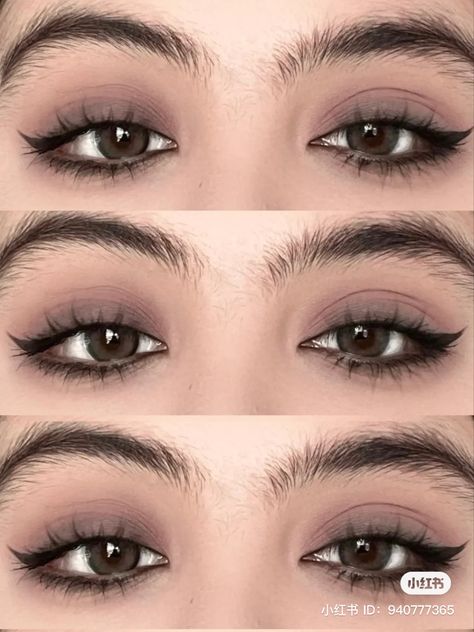 Eye Looks For Round Eyes, Minimal Dark Makeup, Black Water Line Eye Makeup, Muted Makeup Looks, Subtle Black Eye Makeup, Winged Eyeliner Aesthetic, Round Hooded Eyes Makeup, Almond Eye Makeup Looks, Downturned Eyes Makeup