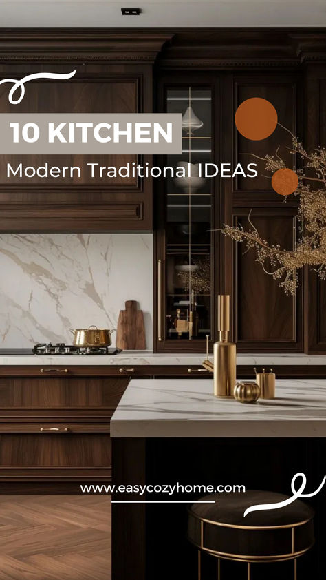 In this article you can find 10 ideas for a modern & traditional kitchen decor. Traditional Modern Kitchen Design, Walnut Kitchen Cabinets Farmhouse, Maple Kitchen Cabinets Modern, Mixed Kitchen Cabinets, Modern Cherry Cabinets Kitchen, Minimalist Kitchen Design Inspiration, 2025 Kitchen Cabinet Trends, Wood Tone Kitchen, Warm Neutral Kitchen