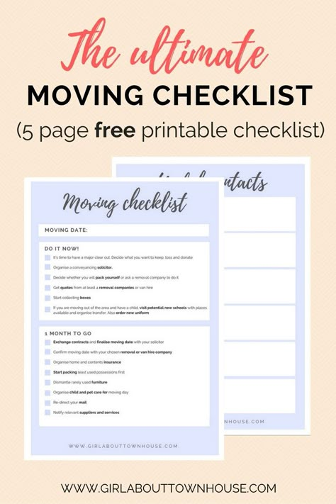 Ultimate moving checklist free printable. If you're moving house this 5 page free printable list is packed full with moving tips. Everything you need for an organised move. House Packing List Moving Checklist, Before You Move Checklist, Checklist For Moving Out Of State, Moving To A New Country Checklist, Moving Across Country Checklist, Moving To Another Country Checklist, Moving Checklist Printable, Moving House Checklist, Moving Printables