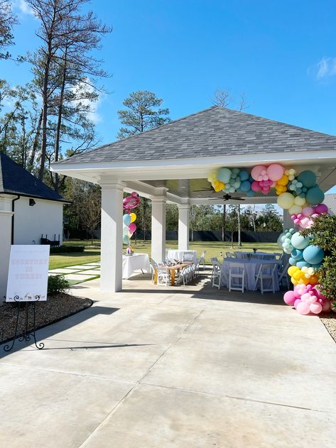 Balloons On Gazebo, Balloons On Tent, Gazebo Balloon Decorations, Happy Birthday Courtney, Confetti Cups, Host Party, Covington Louisiana, Balloons Galore, Holiday Balloons