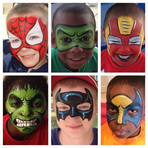 Hero Masks face painting ideas - get your supplies here http://shop. Superhero Face Painting, Face Painting Ideas, Face Painting For Boys, Hulk Spiderman, Spiderman Face, Face Painting Easy, Kids Face Paint, Avengers Birthday, Face Painting Halloween