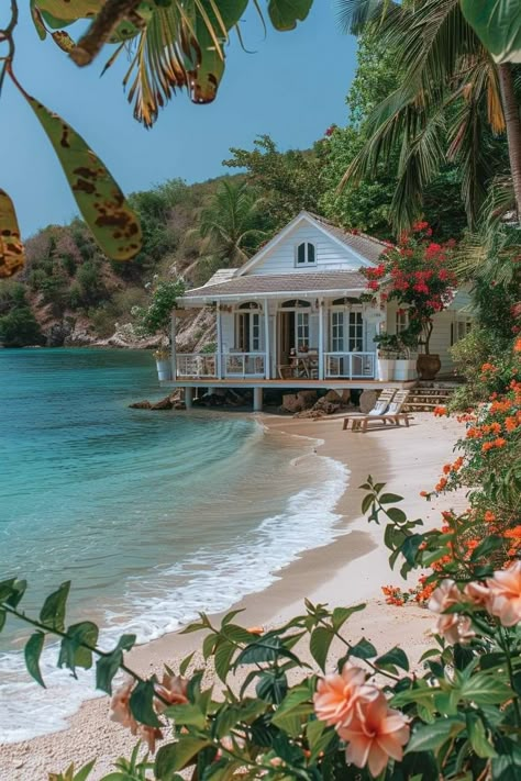 Hawaii Beach House Exterior, Island Home Aesthetic, Cozy Beach House Exterior, Island Aesthetic Wallpaper, Island Life House, Houses Near The Beach, Beach House Hawaii, Beach House Ocean View, Tropical House Exterior