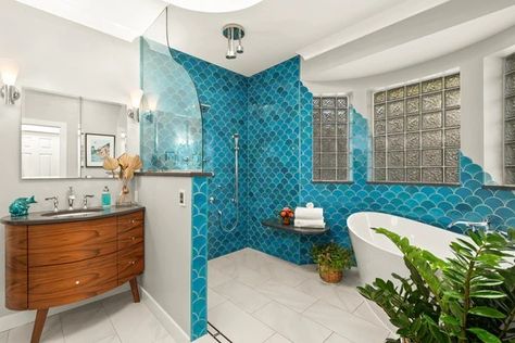 Blue Fish Scale Tile, Subway Tile Herringbone, Unique Bathroom Tiles, Moroccan Fish, Blue Moroccan Tile, Scale Tile, Moroccan Fish Scale Tile, Moroccan Fish Scale, Turquoise Bathroom