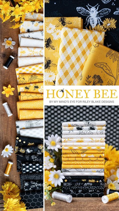 Honey Bee is an adorable bee themed fabric collection by My Mind's Eye for Riley Blake Designs available at Shabby Fabrics! Bumble Bee Quilt Pattern, Bee Fabric Projects, Bee Fabric Quilts, Bee Sewing Projects, Bee Quilt Ideas, Bee Quilts Pattern, Honey Bee Quilt Pattern, Shabby Fabrics Free Pattern, Bee Quilts Ideas