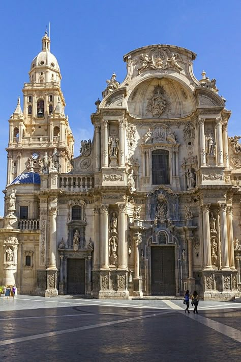 Murcia Cathedral, Spain. Cathedral Outside, Spanish Cathedral, Baroque Cathedral, Spain Cathedral, Spain Architecture, Architecture Photography Buildings, Murcia Spain, Old Architecture, European Architecture