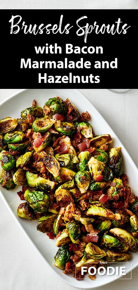 Bacon Marmalade Recipe, Hazelnut Recipes Savory, Brussel Sprouts With Pancetta, Bacon Marmalade, Hazelnut Recipes, Marmalade Recipe, Bacon Brussel Sprouts, Bacon Jam, Sprouts With Bacon