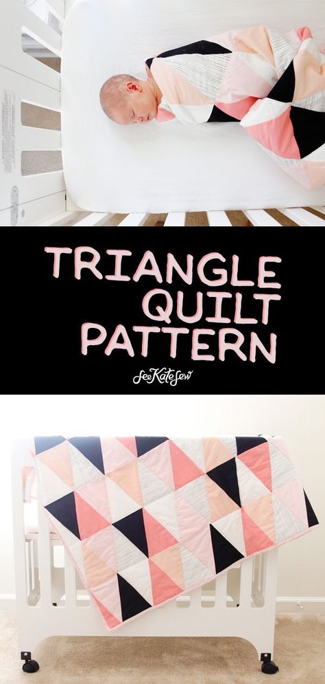 modern ombre + b/w triangle quilt tutorial + pattern | how to make a triangle quilt | handmade quilt | free quilt tutorial | baby quilt tutorial | baby quilt patterns || see kate sew #babyquilt #sewingtutorial #diyquilt#seekatesew Modern Baby Quilt Patterns, Triangle Quilt Tutorials, Girl Quilts Patterns, Free Quilt Tutorials, Triangle Quilt Pattern, Baby Quilt Tutorials, Beginner Quilting, Baby Quilt Ideas, Modern Baby Quilt