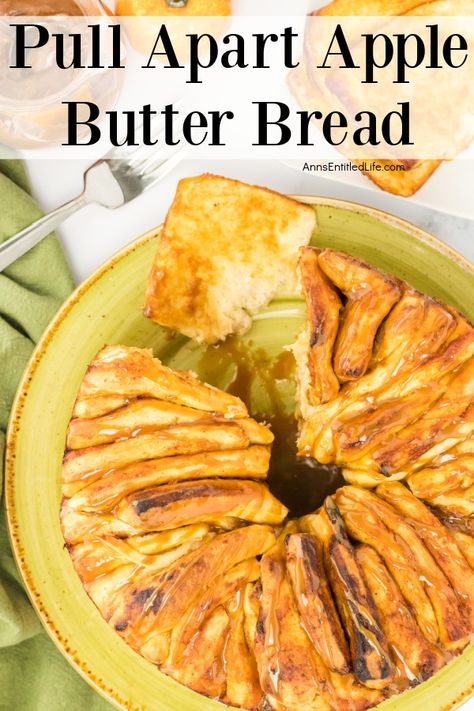 overhead view of a pull-apart apple butter bread on a green plate with a few peices missing. There is a rubber spatula to the upper right, a fork and apple butter jar in the upper left Apple Butter Bread Recipe, Apple Butter Bread, Butter Bread Recipe, Traditional Bread Recipe, Learn To Bake, Cinnamon Caramel, Butter Bread, Navy Wife, Pull Apart Bread