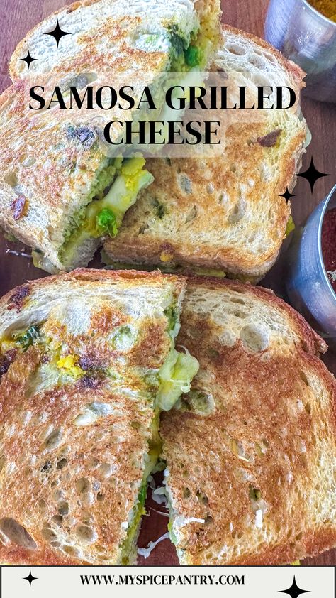 Samosa grilled cheese is a modern take on the classic Indian potato and pea samosa. This crispy grilled cheese is filled with spices, cheese and chutney! Crispy Grilled Cheese, Spice Pantry, Egg Bakes, Brunch Quiche, Vegan Sandwiches, Weekly Menu Planning, Vegan Sandwich, Easy Lunch, Weekly Menu