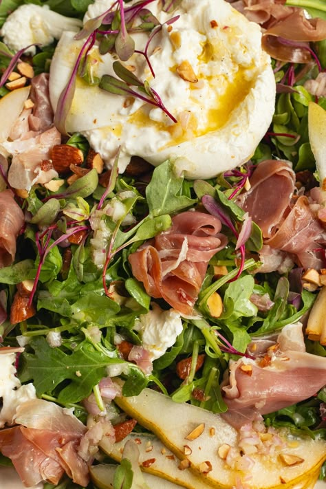 Arugula Burrata Salad with Prosciutto - Sprinkled With Balance Breakfast Arugula Salad, Dinners With Arugula, Arugula Pear Burrata Salad, Prosciutto Arugula Salad, Arugula Burrata Salad Recipes, Prosciutto Salad Recipes, Pear Burrata Salad, Italian Arugula Salad, Burrata Arugula Salad