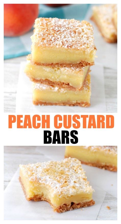 Creamy Peach Pie Bars, Fruity Dessert Recipes, Desserts Peach, Peach Custard, Custard Bars, Custard Dessert Recipes, Dessert Custard, Vanilla Wafer Crust, Peach Dessert