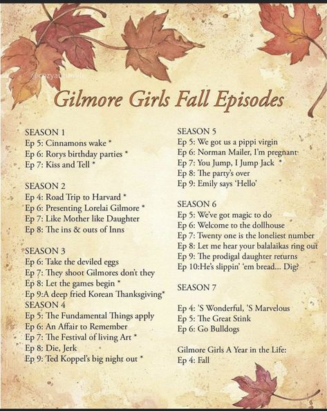 Gilmore Girls Fall Episodes List, Fall Episodes Of Gilmore, Gilmore Girls Autumn Episodes, Best Gilmore Girls Episodes List, Gilmore Girls Episodes To Watch When, Gilmore Girls Fall Episodes, Fall Episodes, Fall To Do List, Autumn To Do List