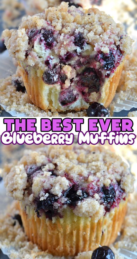 The image shows a close-up of a blueberry muffin with a sugar-crusted topping. The muffin has a golden-brown exterior, and you can see blueberries bursting with juiciness, their deep purple hues staining the surrounding cake. The texture of the muffin appears moist and fluffy with a streusel-like crumbly topping that glistens slightly, suggesting a sugary crunch. The focus is sharp, highlighting the textures and vibrant contrast between the golden cake and the dark blueberries. Best Ever Blueberry Muffins, Blue Muffins Recipe, Blueberries Muffins Recipes, Sweet Blueberry Muffins, Sweet Muffins Easy, Best Breakfast Muffins Recipes, Blueberry Cobbler Muffins, Best Blueberry Muffins Moist, Crumble For Blueberry Muffins