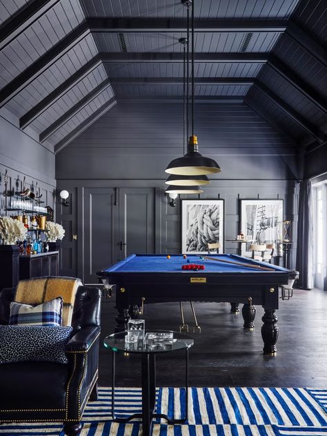 pool table, blue pool table, blue and white stripped rug Best Blue Paint Colors, Game Room Ideas, Snooker Room, Pool Table Room, Indoor Swing, Piano Room, Entertaining Space, Blue Paint Colors, Pool Rooms