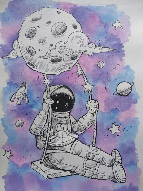 Easy pen drawing | watercolour painting ideas Space Drawings Colorful, Space Theme Painting Easy, Dream Drawing Ideas Easy, Watercolour Painting Ideas Aesthetic, Outer Space Drawing Ideas, Astronaut Drawing Aesthetic, Space Drawings Aesthetic, Space Drawings Galaxies, Space Themed Drawings