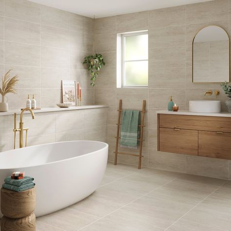 Inspired by the beauty and irregularity of stone, Travertine is a classic range of porcelain wall and floor tiles available in both Grey and Beige with a matt finish. Light Colour Bathroom Tiles, Natural And White Bathroom, Bathroom Flooring Ideas Beige, Sand Floor Tiles Bathroom, Travertine Porcelain Tile Bathroom, Beige Stone Bathroom Ideas, Neutral Bathroom Tiles Ideas, Bathroom Same Floor And Wall Tiles, Bathroom Natural Materials