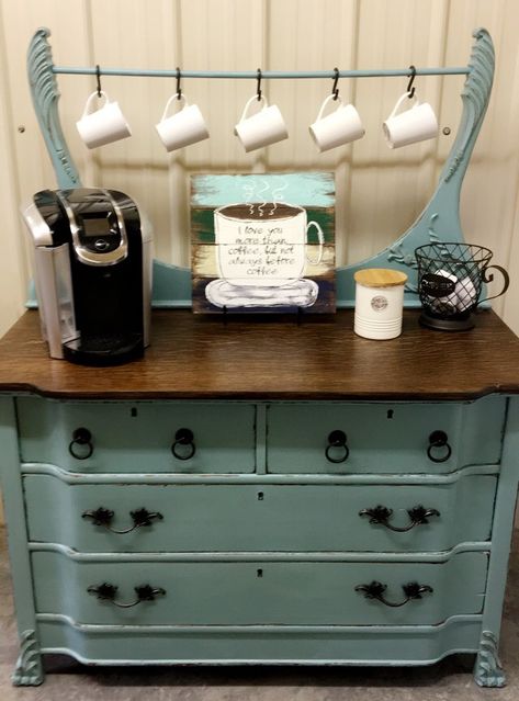 I took this old dresser and turned it into a coffee bar. I used Annie Sloan Chalk Paint in Provence and stained with minwax in walnut Coffee Bar From Antique Dresser, Farmhouse Coffee Bar, Sink Ideas, Dry Sink, Coffee Bars, Wash Stand, Hot Cocoa Bar, Cocoa Bar, Old Dressers