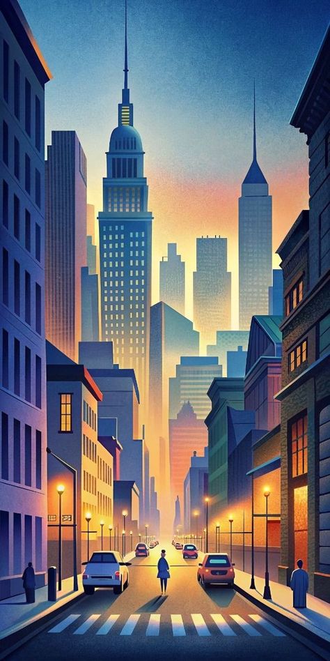 Urban Landscape Illustration, New York Digital Art, City Poster Illustration, Big City Illustration, Phone Wallpaper New York, Big City Wallpaper, Skyscrapers Illustration, City Background Drawing, City Background Illustration