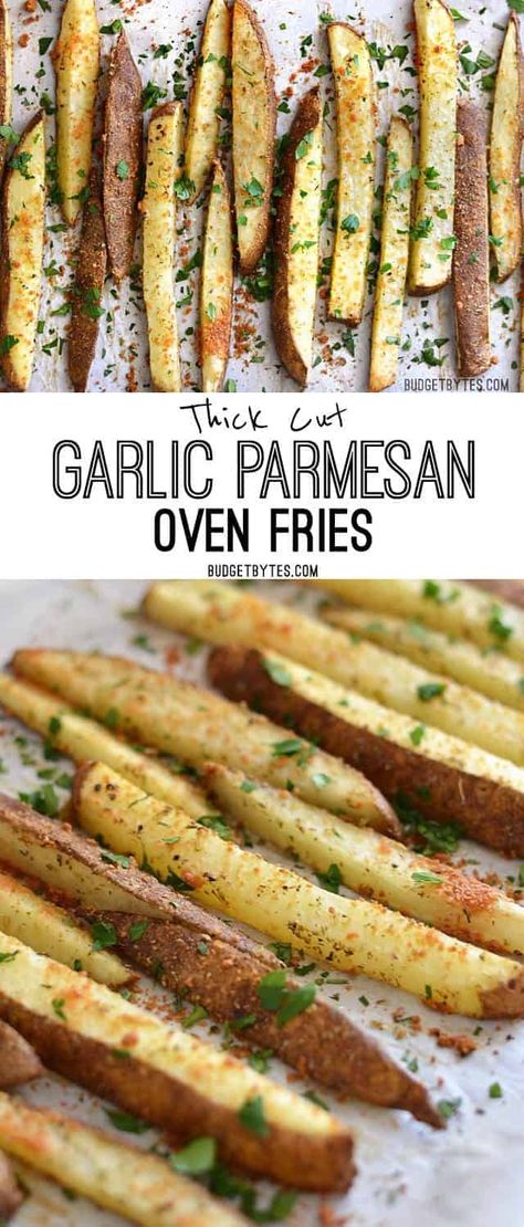 Thick Cut Garlic Parmesan Oven Fries - Budget Bytes Fries Oven, Garlic Parmesan Fries, Spicy Baked Chicken, Parmesan Fries, Oven Fries, Spicy Chicken Sandwiches, Budget Bytes, Soy Free Recipes, Egg Free Recipes