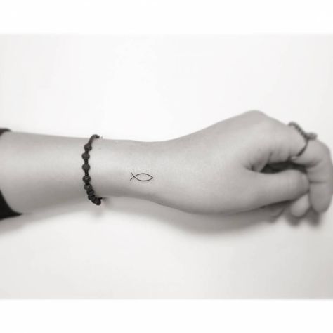 Faith Fish Tattoo, The Chosen Tattoo Fish, Bible Fish Tattoo, Small Christian Hand Tattoos, Christian Fish Symbol Tattoo, Minimalistic Fish Tattoo, Christian Fish Tattoo For Women, Dinky Tattoos, Minimalist Jesus Tattoo