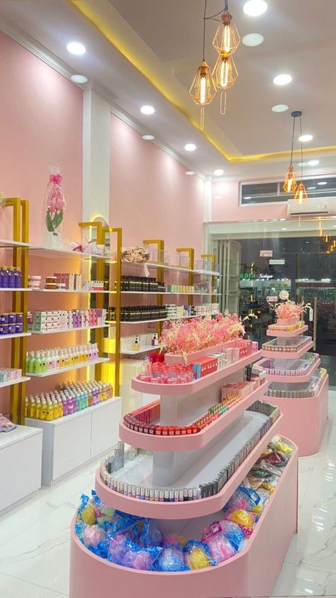 Skincare Shop Interior Design, Skincare Store Design Shops, Makeup Store Interior Design, Rak Kosmetik Aesthetic, Make Up Store Design, Skincare Shop Interior, Makeup Products Drawing, Small Cosmetic Shop Interior Design, Skincare Store Design