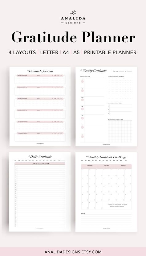 Take a few minutes of your day and write down one or more things you are grateful for. This 4 minimalist planners will help you create a habit of gratitude. Writing down what you're grateful for can help create a more positive mindset. #gratitudeplanner #affirmations #gratitudelog #gratitudejournal #gratitudeprintable #selfcaretracker #gratitudepractice #dailygratitude Gratitude Writing, Financial Printables, Self Care Tracker, Weekly Gratitude, Planner Monthly Layout, Gratitude Planner, Gratitude Tracker, Bullet Journal Contents, A5 Planner Printables