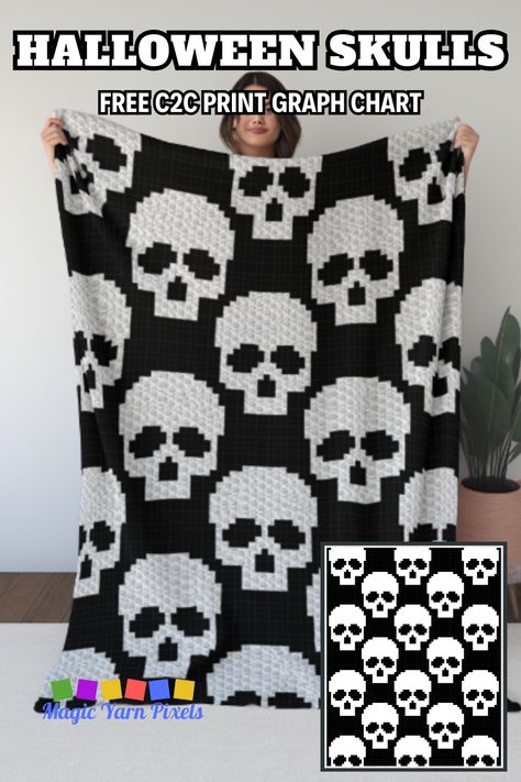 Take a look at my newest C2C crochet design for a Skulls blanket. It would make a great gift for people who love gothic decor and dark themes. Download the free crochet graph from Magic Yarn Pixels. Written C2C and row-by-row patterns with multi-page graphs also available. Skull Crochet Pattern Free, Crochet Skull Blanket, Skull Afghan, Crochet Skull Patterns, Skull Blanket, Halloween Skulls, Crochet Skull, Crochet Graph, Crochet Blanket Designs