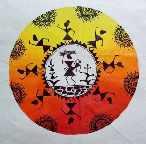 Warli Fabric Painting with the concept of Indian Tradition Warli art on cotton by using fabric colors... Warli Art Designs On Fabric, Worli Painting On Fabric, Warli Art Rangoli, Indian Folk Art Drawing, Chhattisgarh Culture, Warli Painting Ideas On Paper, Warli Art Easy, Lkg Activities, Warli Art Designs