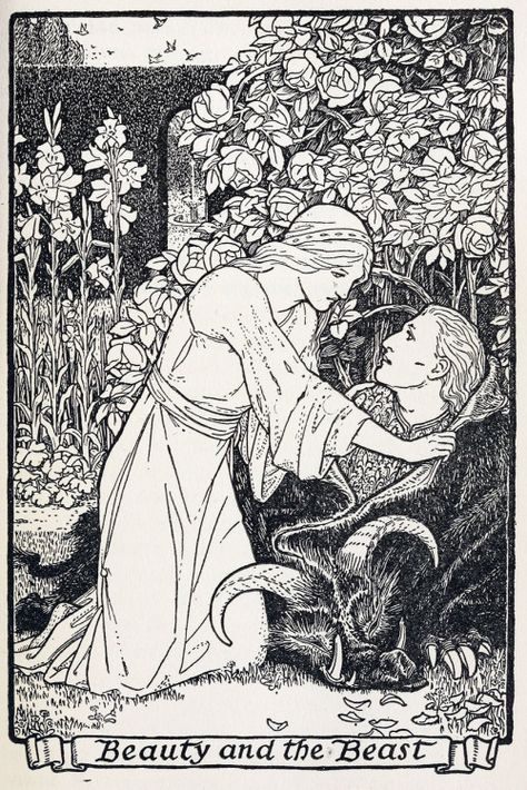 Beauty and the Beast. Illustration by John D. Batten to The master-maid. From… Andrew Lang, Walter Crane, Francoise Hardy, Fairytale Illustration, Fairy Book, Deviant Art, Arte Sketchbook, Fairytale Art, Art Et Illustration