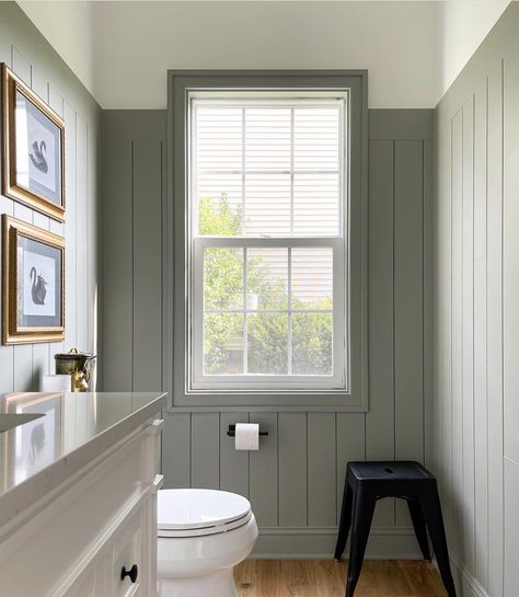 Vertical Shiplap With Crown Molding, Sage Shiplap Bathroom, Powder Room Vertical Shiplap, Craftsman Wainscoting Bathroom, Grey Vertical Shiplap Wall, Vertical Shiplap Office, Wainscot Around Window, Shiplap Vertical Bathroom, Shiplap Wanescoting Ideas