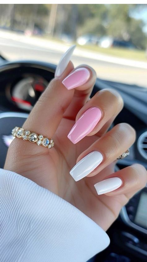 White Or Light Pink Nails, Magenta And White Nails, Summer Acrylic Nails Pink And White, Square Nails Pink And White, White And Pink Acrylics, White Nails And Pink, White And Baby Pink Nails, Summer Nails Ballerina Shape, White And Light Pink Nails