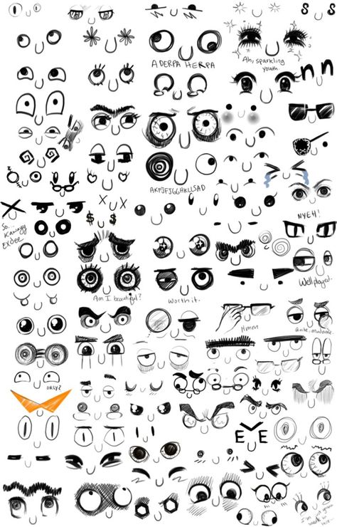 Eye chart for illustrations Comic Tips, Funny Face Drawings, Face Doodles, Tattoos Simple, Emoji Drawings, Arte Doodle, Tutorial Drawing, Drawing Cartoon Faces, Cartoon Face