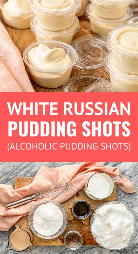 Creamy Frozen White Russian Pudding Shots -- These cool & creamy pudding shots are a delicious twist on your favorite white Russian cocktail... Bailey's Irish Cream, Kahlua liqueur, and Pinnacle vanilla vodka are blended with vanilla instant pudding to produce delightful little cups of alcohol-infused pudding! Sure to be a hit at any party. | pudding shots recipes | alcoholic pudding shots | kahlua pudding shots | easy pudding shots #puddingshots #alcoholicdrinks #partydrinks #partyideas Pudding Shots Kahlua, Kahlua Pudding Shots, Easy Pudding Shots, Pudding Shots Recipes, White Russian Pudding Shots, Pudding Shots Alcoholic, Vanilla Pudding Shots, Pudding Shot Recipes, Shots Recipes