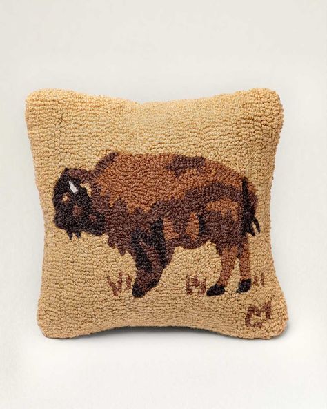 The front of this square pillow features a majestic buffalo, in a hand-hooked pattern crafted from pure wool. The solid color, zippered back is soft cotton velveteen, with a removable polyester-fill insert. Designed in Vermont by Laura Megroz. 14" x 14" . Wool front; cotton back. Imported. | BUFFALO HOOKED SQUARE PILLOW Woodsy Camper Decor, Single Guy Home Decor, Hooked Wool Pillows, Decorative Bedroom Pillows, Unique Couch Pillows, Apartment Decorating Country, Western Couch Pillows, Cute Cabin Decor, Western Inspired Home Decor