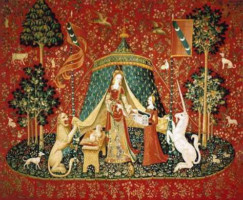 Scarlet Quince cross stitch chart: Lady with Unicorn: A Mon Seul Desir, from the Cluny tapestries The Lady And The Unicorn, Lady And The Unicorn, Gryffindor Common Room, Unicorn Tapestry, Unicorn Tapestries, Unicorn Painting, Istoria Artei, Medieval Tapestry, Tapestry Art