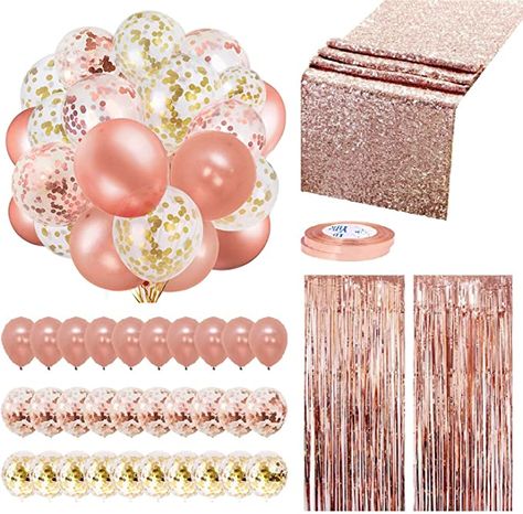 Amazon.com: Rose Gold Balloons Party Decorations Supplies Set 35 Pack Include 30 Balloons, 2 Foil Fringe Curtains, 1 Rose Gold Sequin Table Runner, 2 Foil Ribbon for Birthday Party, Wedding,Xmas New Year Festival : Toys & Games Hen Party Balloons, Gold Theme Party, Gold Sequin Table Runner, Fringe Curtains, 30 Balloons, Rose Gold Party Decor, Rose Gold Theme, Table Rose, Sequin Table Runner