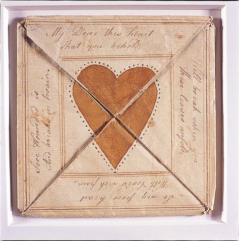 Love Token for Sarah Newlin, with Envelope  Artist unidentified  Southern Chester County, Pennsylvania, United States  1799  Ink and watercolor on paper  4 9/16 x 4 9/16  Collection American Folk Art Museum, New York  Gift of J. Randall Plummer and Harvey S. Shipley Miller, 2007.24.1 A  Photo by John Parnell Love Surprise, Kahlil Gibran, My Funny Valentine, Love Token, Beating Heart, Saint Valentine, American Folk Art, Romantic Valentine, Vintage Valentines