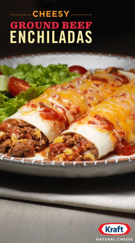 Move over tacos, it’s enchilada time. Our recipe for enchiladas is elevated with KRAFT Mexican Four Cheese blend. Top off these beefy enchiladas with fresh cilantro to make your Mexican meal muy delcioso. Easy Cheesy Ground Beef Enchiladas 12 Tomatoes, Beef Enchilada Recipe, Ground Beef Enchiladas, Beef Enchiladas, Enchilada Recipes, Quesadillas, Kraft Recipes, Beef Dishes, Mexican Dishes