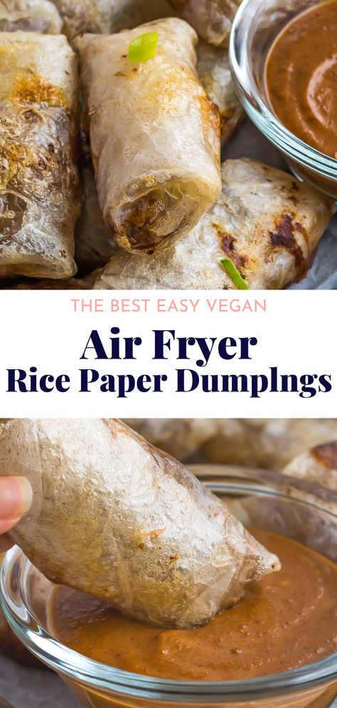 Fast, easy, and extremely flavourful, these Air Fryer Rice Paper Dumplings are so simple to make! Crispy on the outside, chewy inside, and loaded with healthy veggies and Asian-inspired flavors, these vegan rice paper dumplings are perfect for a party appetizer or snack. This vegan air fryer recipe is completely gluten-free as well! Healthy Rice Paper Dumplings, Simple Air Fryer Recipes Dinner, Rice Paper Egg Rolls Air Fryer, Air Fry Rice Paper Rolls, Vegan Dinner Air Fryer, Air Fryer Spring Rolls Recipe Rice Paper, Crispy Rice In Air Fryer, Gluten Free Rice Paper Recipes, Spring Roll Air Fryer