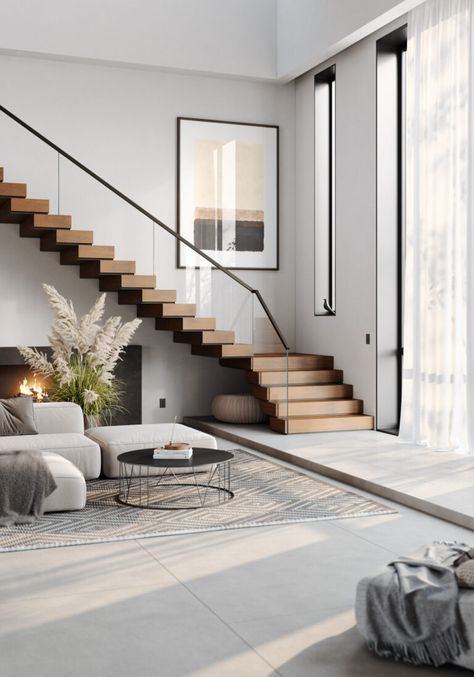 Staircase Space Design, Stairs In The Living Room, Stairs In Living Room Ideas, Walled Staircase, Staircase Design Modern Luxury Homes, Under Stair Design, Floating Stairs Modern, Minimalist Railing, Entry Seating